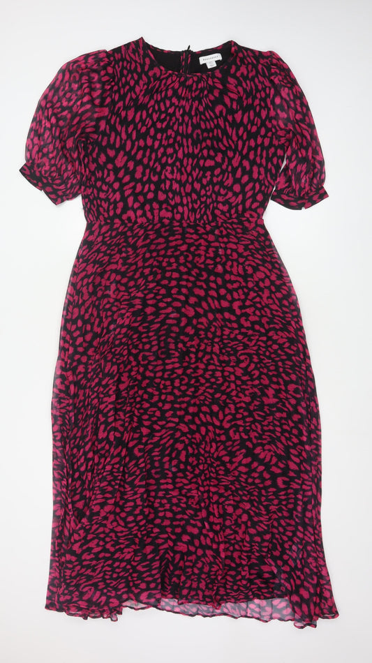 Warehouse Women Pink Leopard Print Midi Fit & Flare Dress UK 12