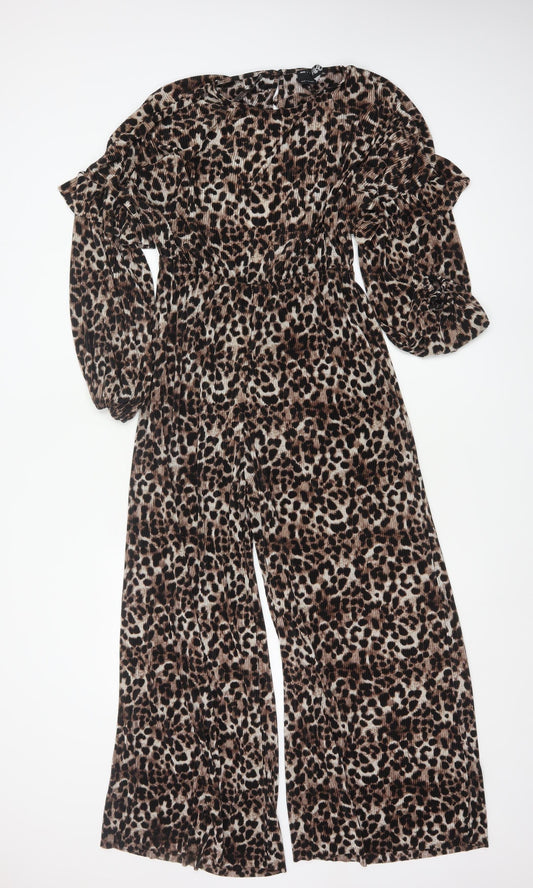 ASOS DESIGN Women Brown Leopard Print Pleated Wide Leg Jumpsuit UK 12