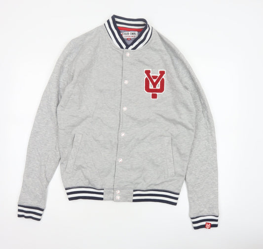 Back view of Your Own Experience Teens Grey M Varsity Jacket Snap Logo Cotton Blend