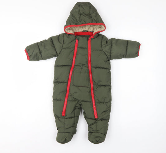 Back view of DKNY unisex baby green 6-9 months padded hooded snowsuit