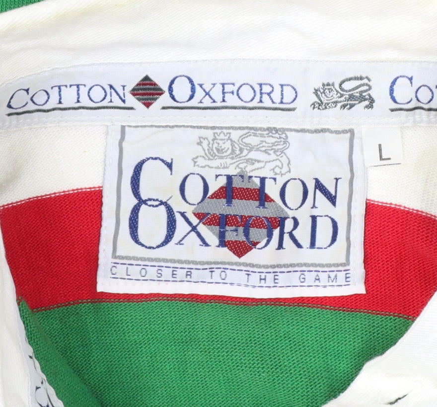 Cotton Oxford Mens L Green Red White Striped Long Sleeve Rugby Polo