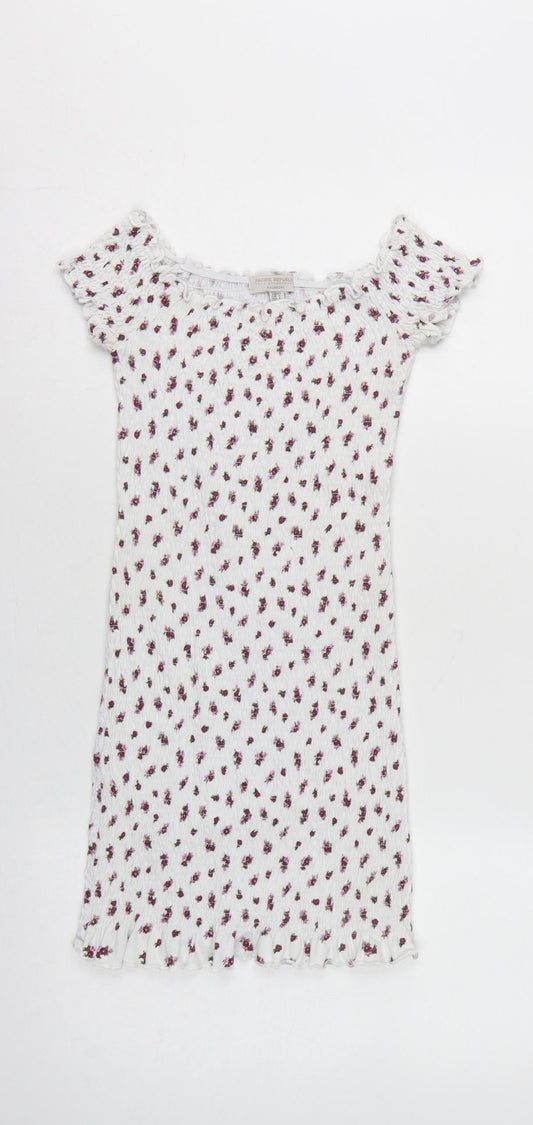 Pull&Bear Women White Floral Smocked Mini Bodycon Dress UK 8