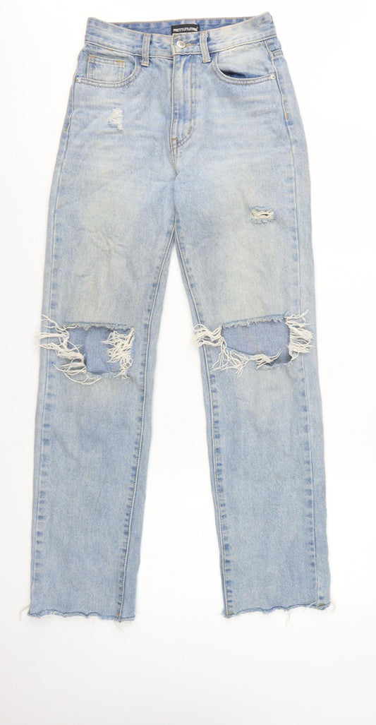 PrettyLittleThing Women Blue UK 6 High Rise Distressed Straight Jeans