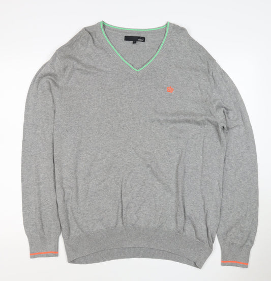 Back view of Next Men Grey XL V-Neck Cotton Knit jumper Contrast Trim Logo