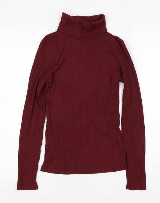 River Island Women Red UK 8 Ribbed Roll Neck Slim Long Sleeve Top