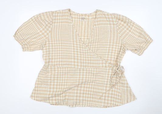 Linen Blend Women’s Beige Check Wrap Blouse UK 18 Puff Sleeve