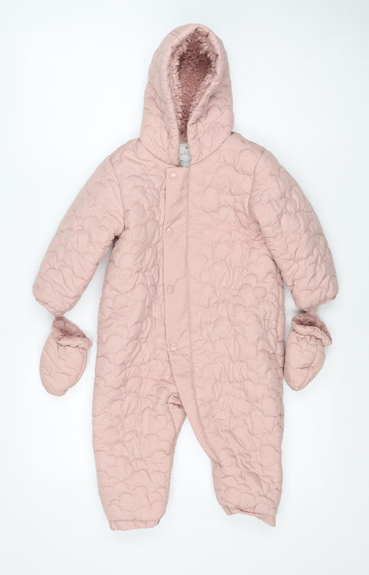 Back view of M&S girls’ pink 3-6 months quilted hooded padded snowsuit