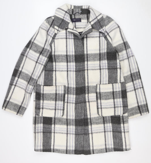 M&S Women Grey Plaid Wool Blend Mid-Length Open Coat Size 14
