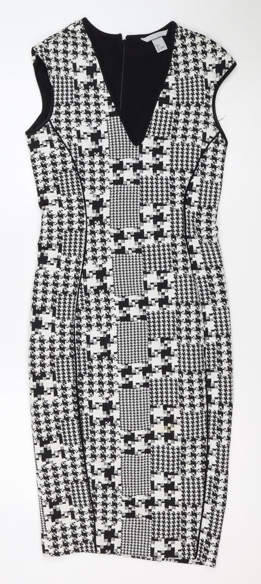H&M Women Black White Houndstooth Bodycon Midi Dress UK 8 Long Sleeve