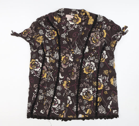 Soon Women’s Brown Floral Cotton Button-Up Tunic Top UK 12 Beaded