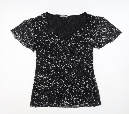 Marks & Spencer Women Black White UK 12 Floral Wrap Flutter Sleeve Blouse