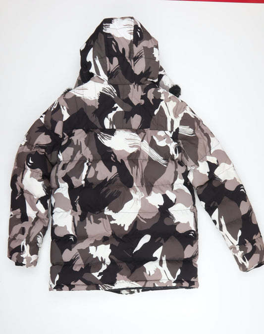 Back view of KWD Men's Multicoloured S Camo Puffer Jacket Hood Faux Fur Trim
