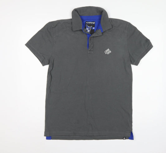 Criminal Men’s Grey Blue Trim Cotton Polo Shirt M Short Sleeve Logo