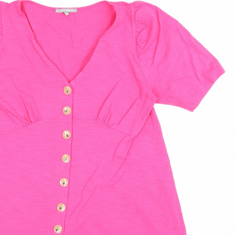 Oliver Bonas Women Pink UK 14 V-Neck Button-Up Ruffle Sleeve Top