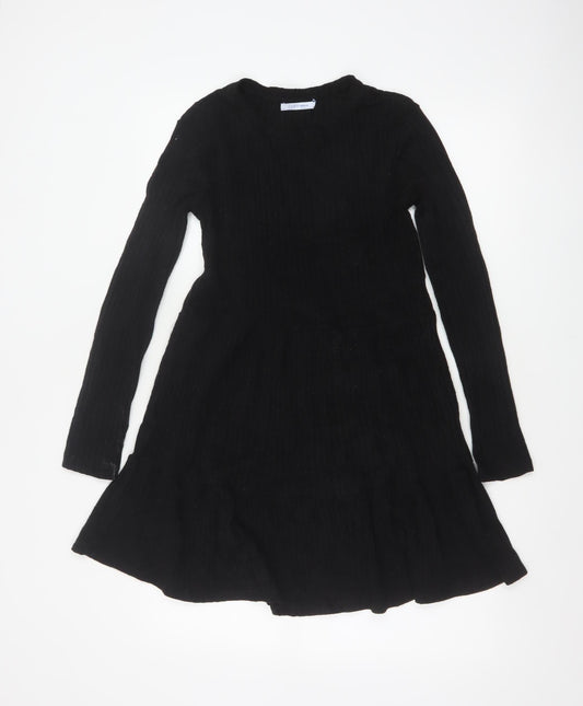 Zara Trafaluc Women Black S Fit & Flare Rib Knit Long Sleeve Dress