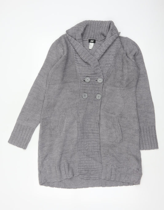 H&M Women Grey M Chunky Knit Button Cowl Neck Cardigan