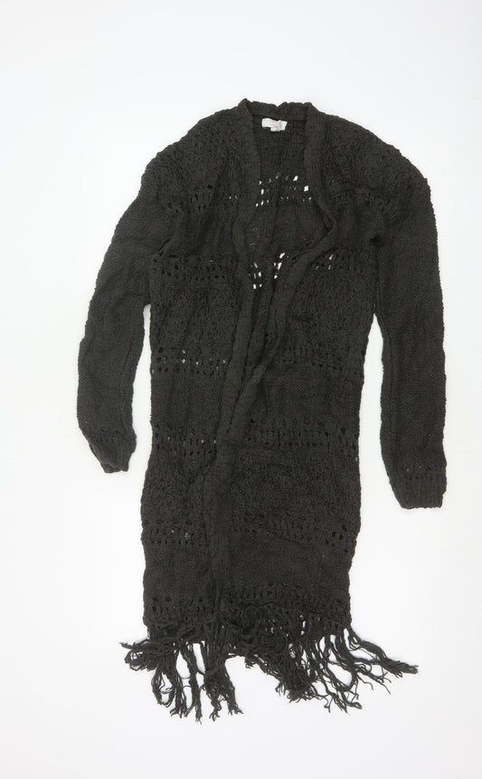 Sun & Shadow Women’s Black XS Open Knit Fringe Long Cardigan