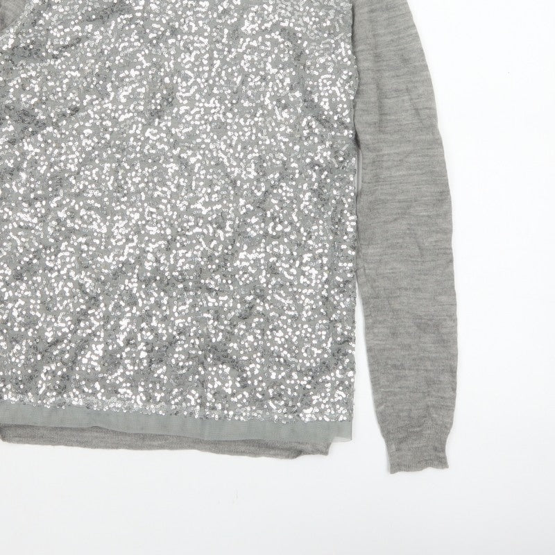 Mango Women Grey M Sequin Front Long Sleeve Knit Pullover Jumper