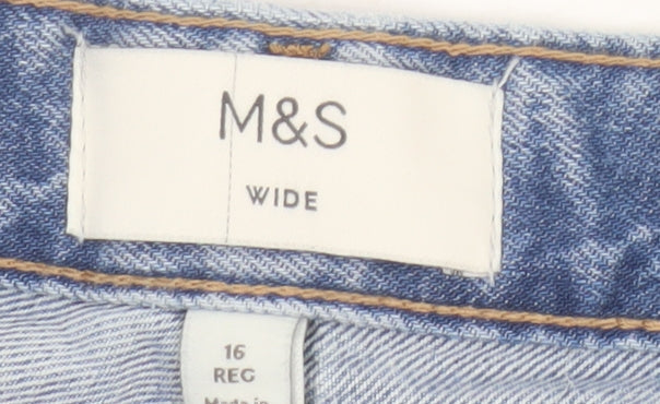M&S Women Blue UK 16 Wide Leg High Rise Cuffed Jeans