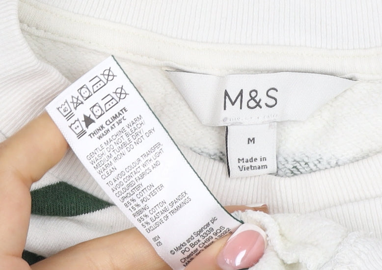 Marks & Spencer Women's White Green Stripe M Pullover Sweatshirt