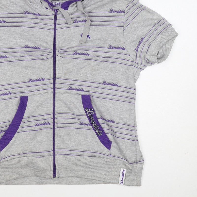 Lonsdale Women’s Grey Purple Striped Logo Full Zip Hoodie UK 12