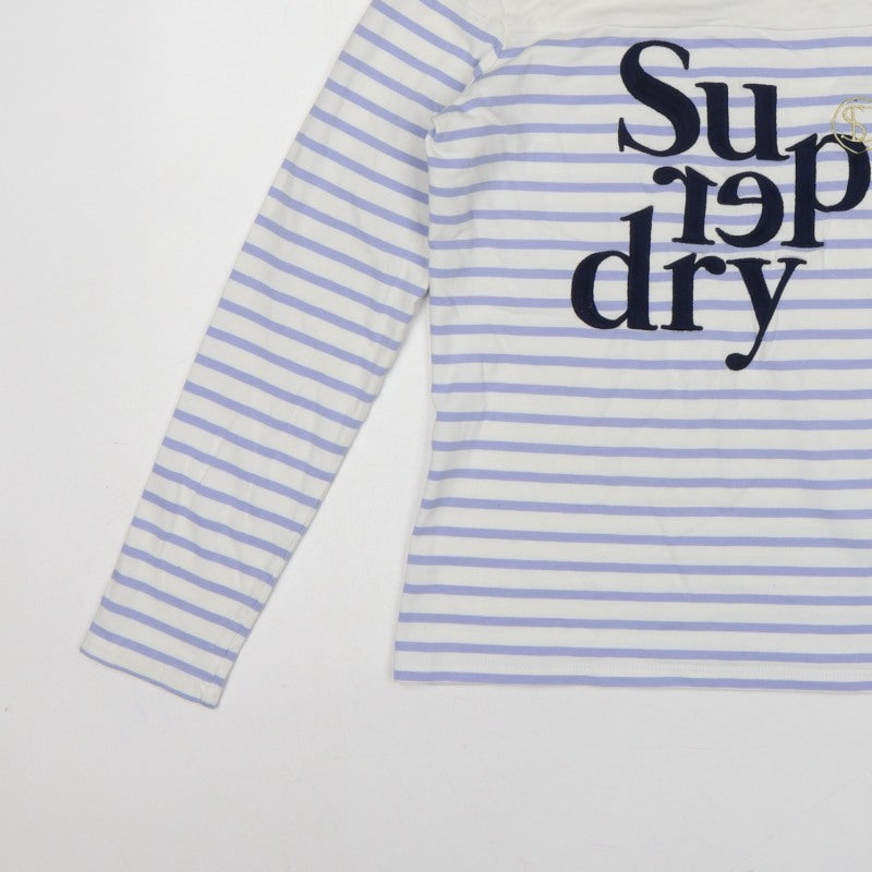 Superdry Women White Purple Stripe Long Sleeve Jersey T-Shirt UK 10