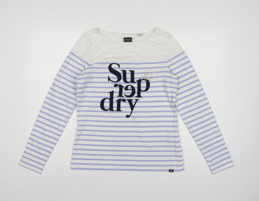 Superdry Women White Purple Stripe Long Sleeve Jersey T-Shirt UK 10