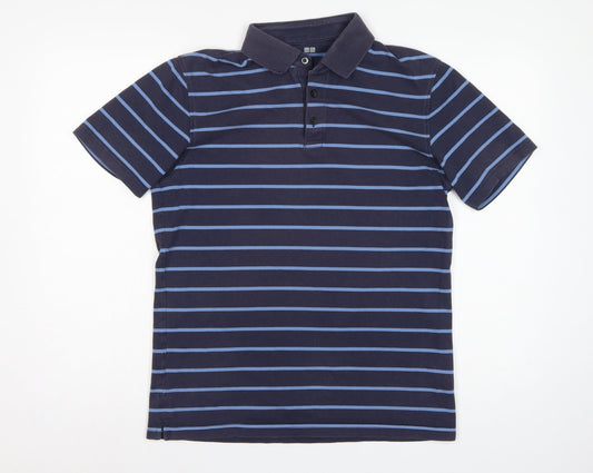 Uniqlo Men's Blue Striped L Short Sleeve Cotton Blend Polo Shirt