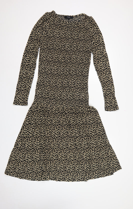 Next Women Black Beige Size 8 Fit & Flare Animal Print Midi Dress