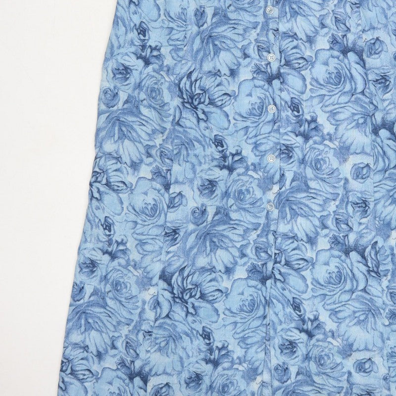 Anew Women Blue Floral Size 16 Long Shirt Dress Belted Collared