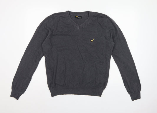 Back view of Voi Jeans Men's Grey Cotton V-Neck Logo jumper, size M