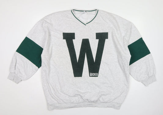 Back view of Wicked unisex adults grey green l v-neck graphic pullover sweatshirt