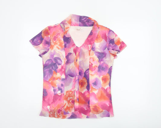 Anna Rose Women Pink Floral Chiffon Blouse UK 12 Short Sleeve Collared