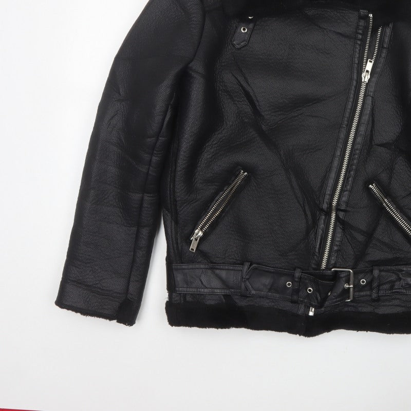 Zara Women Black UK 12 Faux Leather Biker Jacket Faux Fur Belted