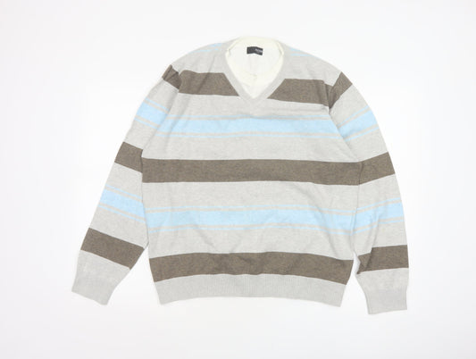 Back view of Next Men’s Grey Blue Brown Striped V-Neck jumper Large