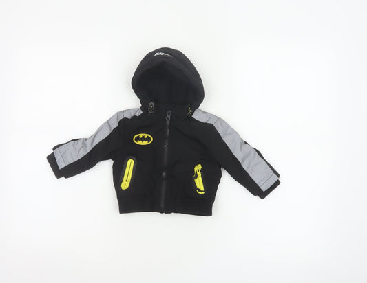 Back view of Batman boys’ black 3-6 months hooded ski jacket reflective logo