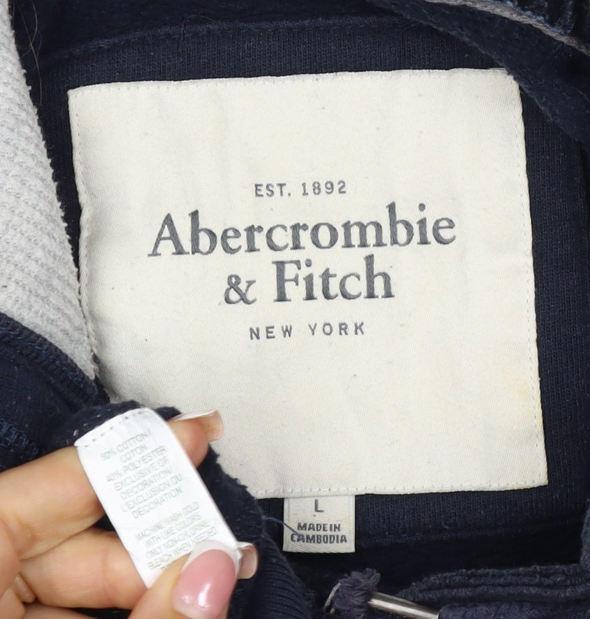 Abercrombie & Fitch Men Navy L Pullover Hoodie Logo Pocket Cotton Blend