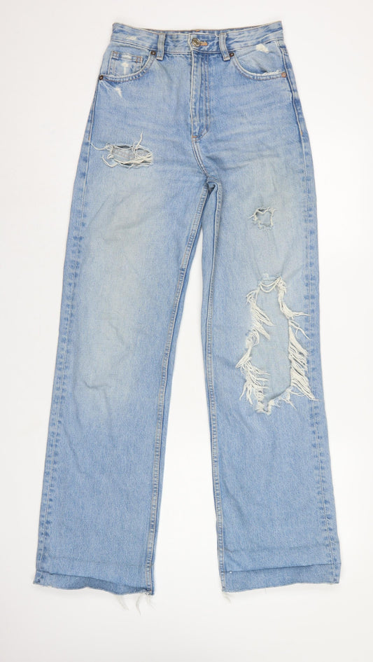 Zara Women Blue UK 6 High Rise Straight Distressed Jeans