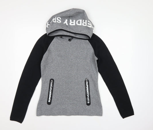 Superdry Women’s Grey Black XS Pullover Hoodie Logo Zip Pockets