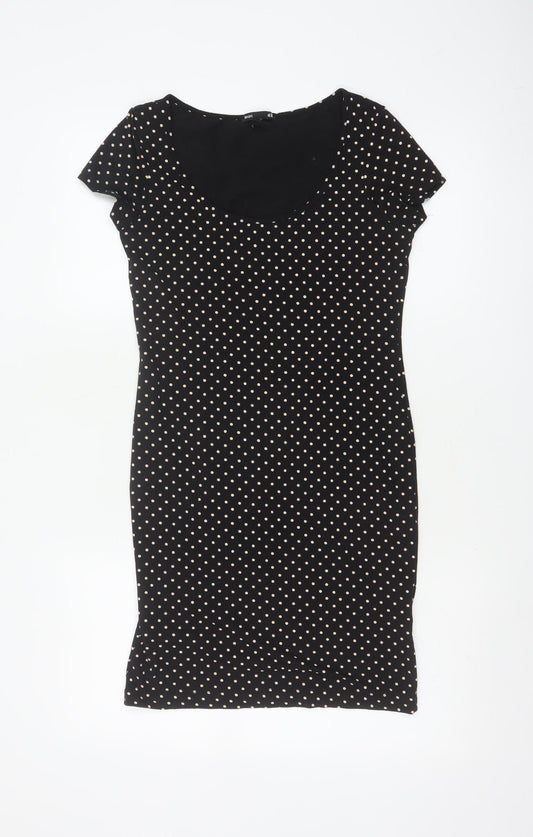 H&M Women Black Ivory Polka Dot S Bodycon Knee Dress Stretch