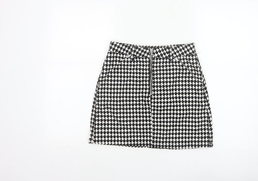 Topshop Women Black White UK 8 A-Line Mini Houndstooth Zip Skirt