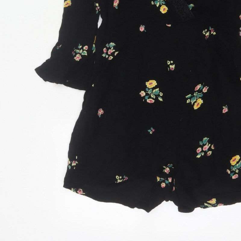 Zara Women Black Floral V-Neck Lace Trim Long Sleeve Playsuit Size S