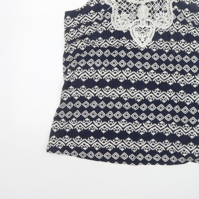 Fat Face Women Blue & Ivory UK 12 Geometric Crochet Cotton Tank Top