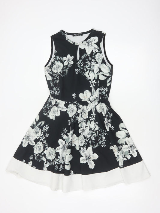 Select Women Black Floral Fit & Flare Knee Length Dress UK 12