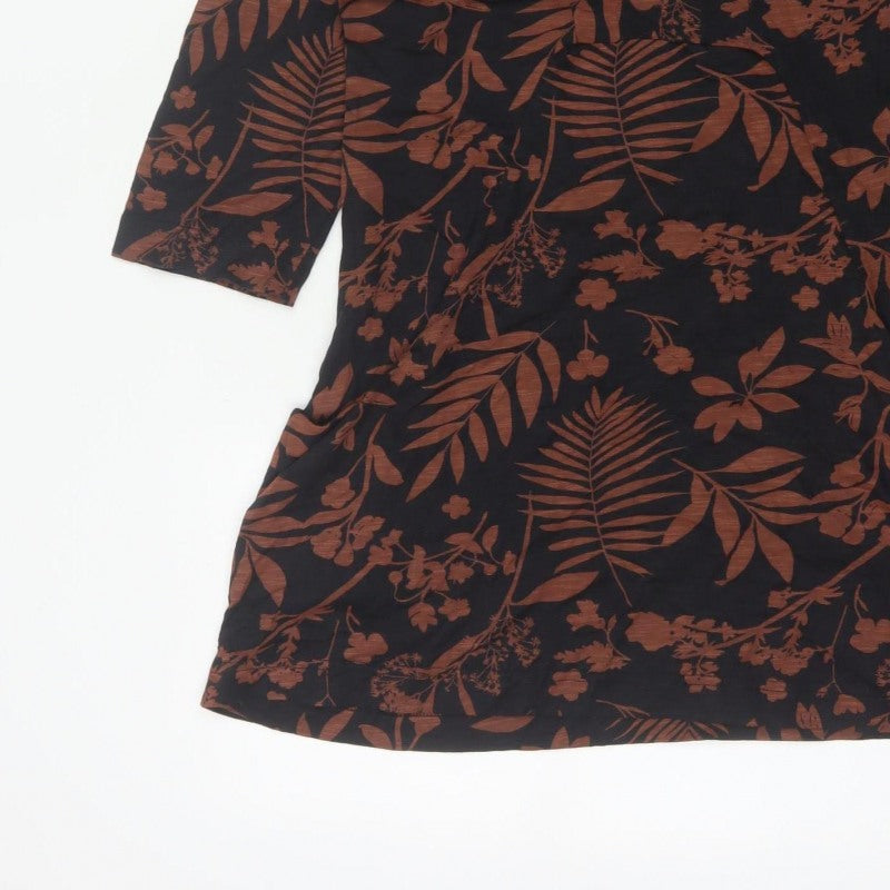 Weird Fish Women’s Black Brown Floral V-Neck Tunic Blouse UK 12