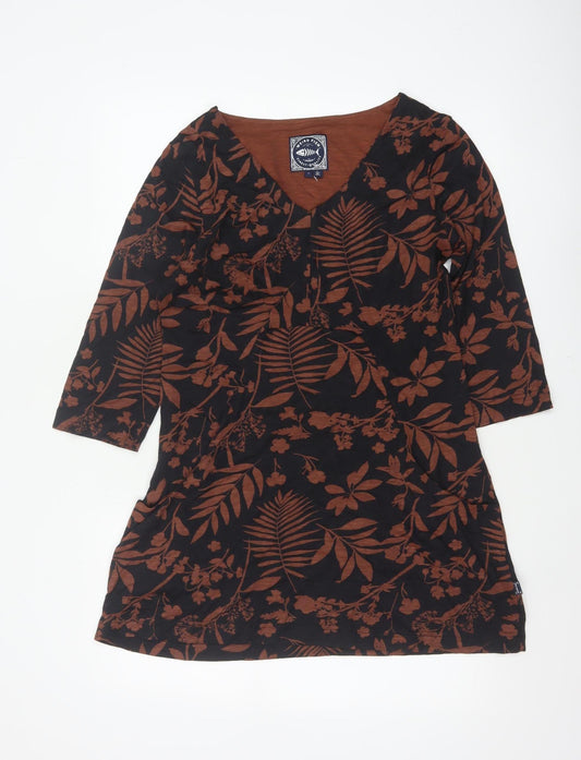 Weird Fish Women’s Black Brown Floral V-Neck Tunic Blouse UK 12
