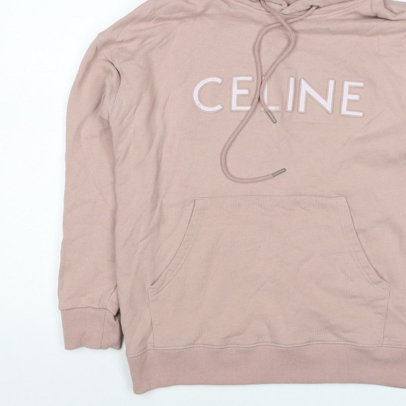Celine Women’s Pink M Logo Pullover Hoodie Cotton Drawstring