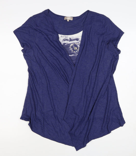 Soon Women Blue Size 18 Open Front Short Sleeve Graphic Cardigan