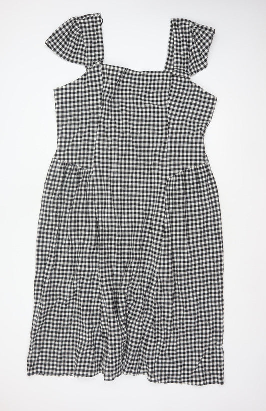 M&S Women Black White Gingham UK 24 Fit & Flare Midi Dress