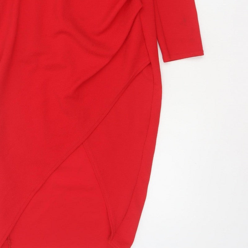 Boohoo Women Red UK 14 Bodycon Wrap Asymmetric Long Sleeve Dress